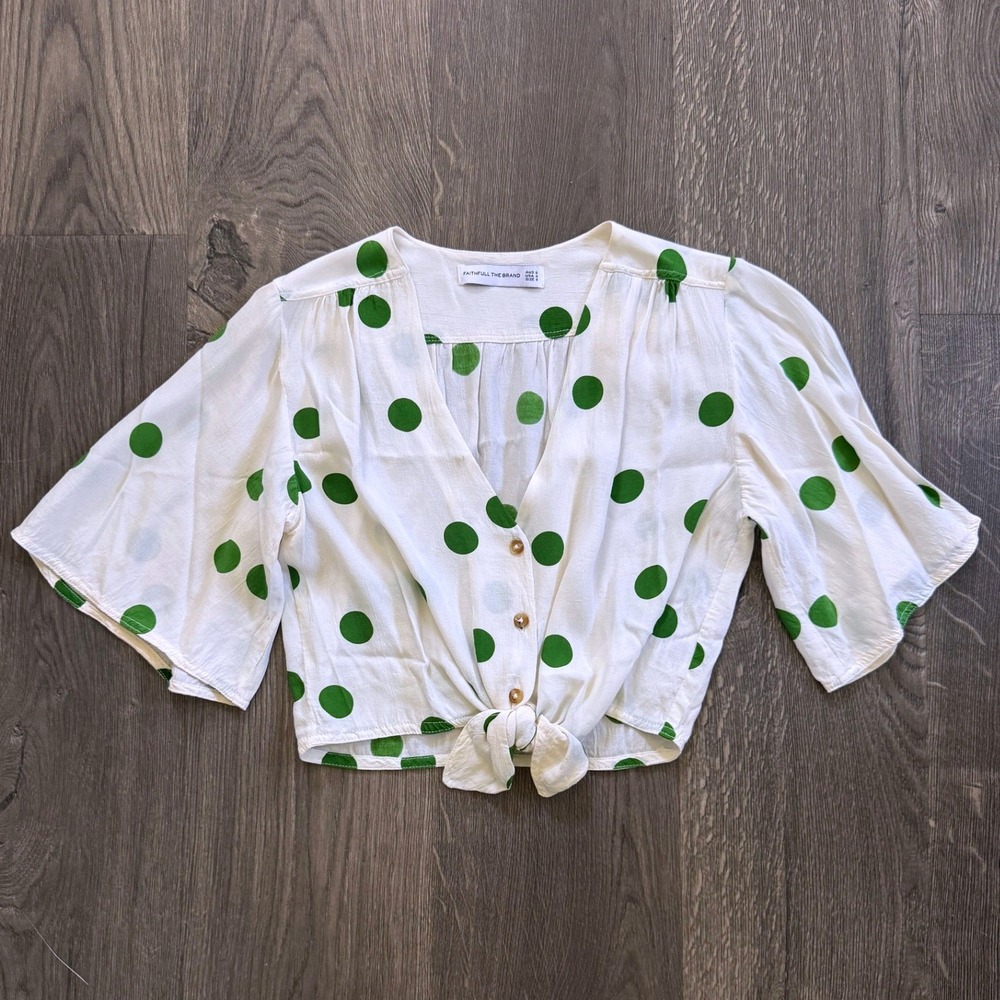 Faithfull The Brand Boulevards Lolita Polka Dot Crop Top Size S White Green Tie